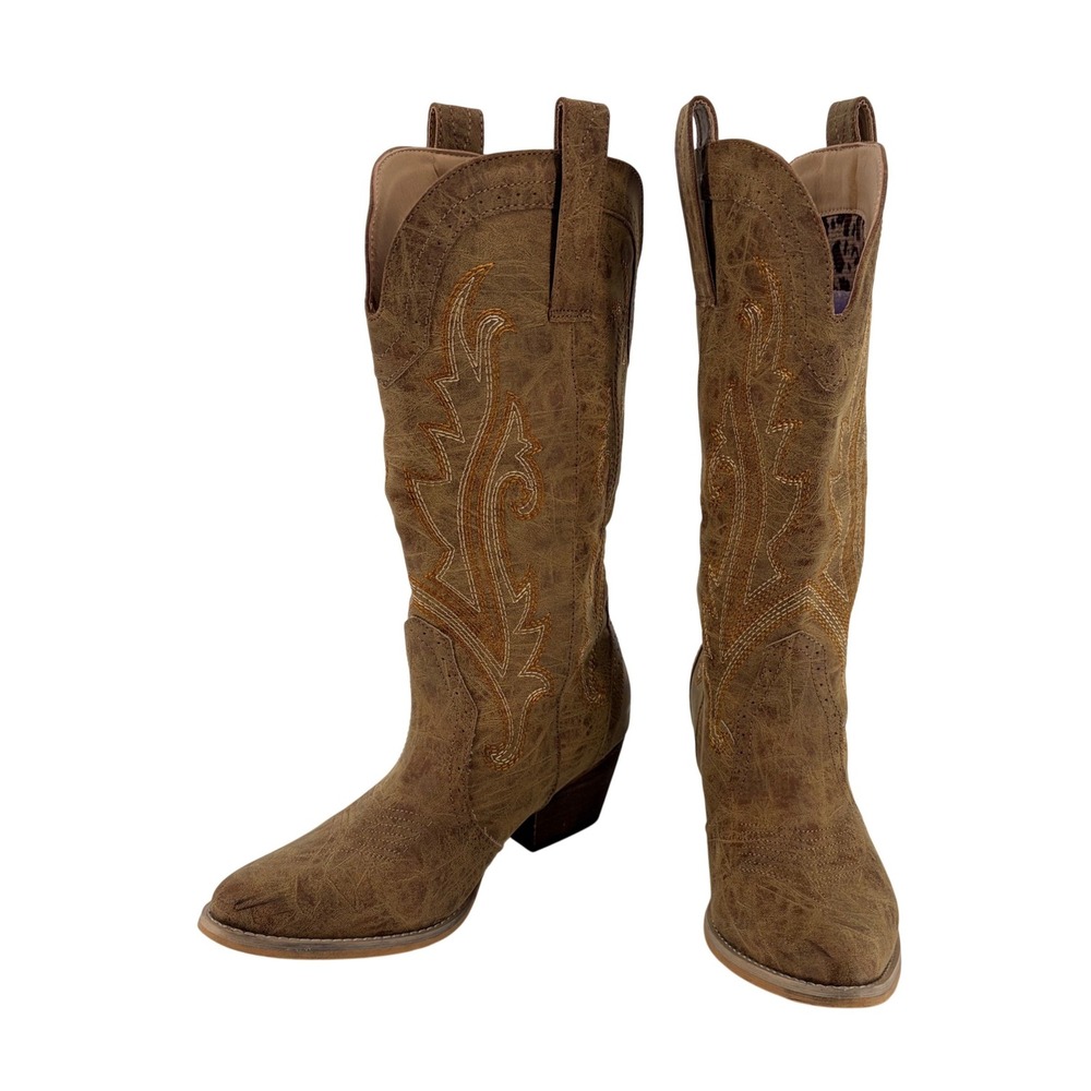 Rollda Western Cowboy Boots 8.5 Brown Distressed Embroidered Leopard Lining